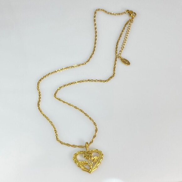 Rose Flower Heart Pendant on Stainless Steel Twisted Singapore Chain Necklace - Picture 6 of 11